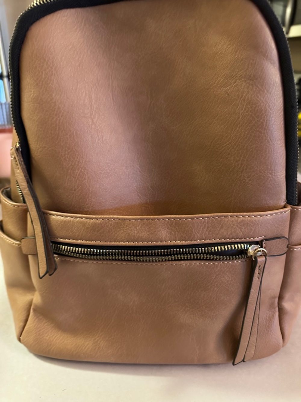 Tan Faux Leather Backpack with Front Zip Pocket